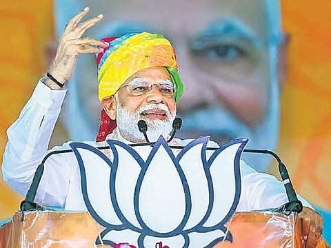 Narendra Modi addresses a public event in Jalore, Rajasthan on Sunday.