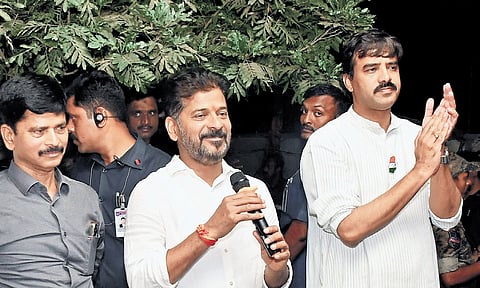 Chief Minster A Revanth Reddy addresses Congress activists and leaders during a pre-election meeting in Kodangal Assembly constituency on Monday