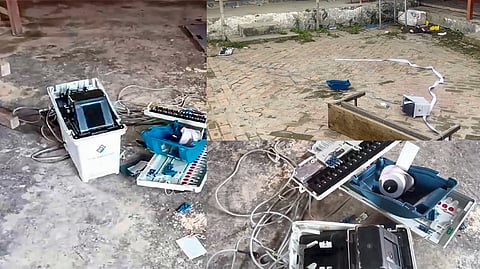 Broken EVMs at polling booth after incidents of violence during 1st phase of Lok Sabha polls in Manipur.