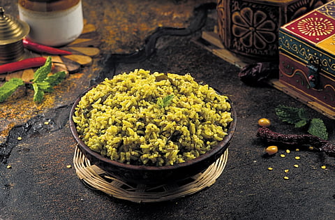 Avakai rice—rice mixed with the famed mango pickle of Andhra Pradesh.
