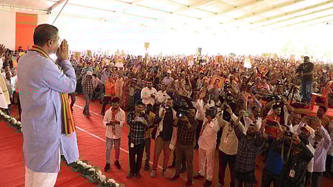 Dharmendra Pradhan during his campaign in Angul district on Friday