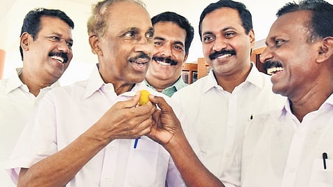MLA K Babu with Congress workers at his residence in Tripunithura after the High Court pronounced a favourable verdict in the petition filed by former MLA M Swaraj, challenging his electoral victory in the 2021 assembly polls on Thursday | A Sanesh