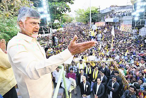 TDP supremo N Chandrababu Naidu speaks at the ‘Praja Galam’ meeting at Kovvur in East Godavari district on Thursday