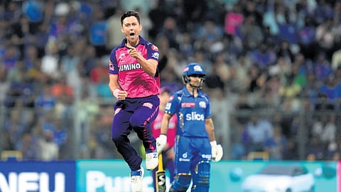 Pacer Trent Boult celebrates the wicket of Rohit Sharma (not in pic) | sPORTZPICS