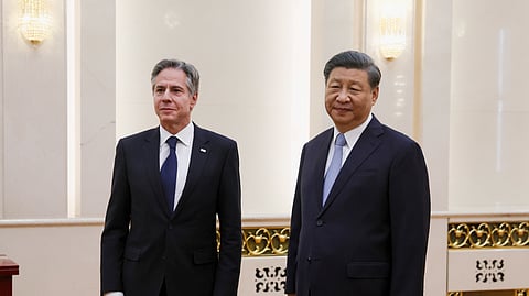 U.S. Secretary of State Antony Blinken, left, meets with Chinese President Xi Jinping in the Great Hall of the People in Beijing, China on June 19, 2023.