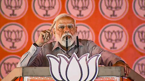 Prime Minister Narendra Modi addresses a public meeting ahead of the upcoming Lok Sabha elections, in Rishikesh, Thursday, April 11, 2024.
