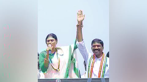 APCC chief YS Sharmila speaks at an election meeting in Anakapalle.