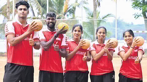 Members of the Sacred Heart College handball team. From L to R: Nandhu Krishna K, Bijoy George, Anju Sabu, Archana M S, Anupama V R, Nirmal Cyriac