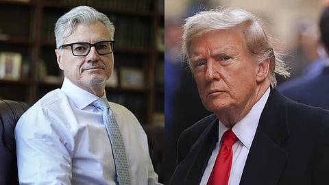 (L) Judge Juan M Merchan poses in his chambers in New York; (R) Former US President Donald Trump.