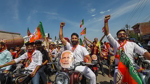 BJP supporters during BJP candidate Jitendra Singh's roadshow ahead of Lok Sabha elections, in Kathua district.