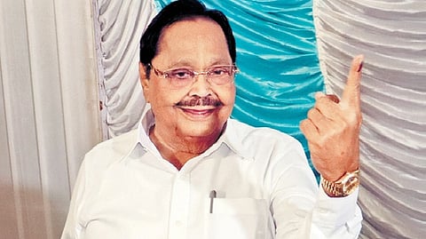 Minister Duraimurugan after casting his vote in Vellore on Friday
