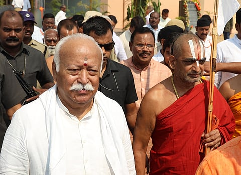 RSS chief Mohan Bhagwat and Chinna Jeeyar Swami take part in the inauguration of Vidya Bharati Vignana Kendra Campus in Nadergul of Telangana.
