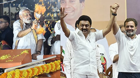 (L) PM Narendra Modi holds a roadshow in T Nagar, Chennai; (R) Tamil Nadu CM MK Stalin and Congress leader Rahul Gandhi pose at the INDIA bloc rally in Coimbatore.