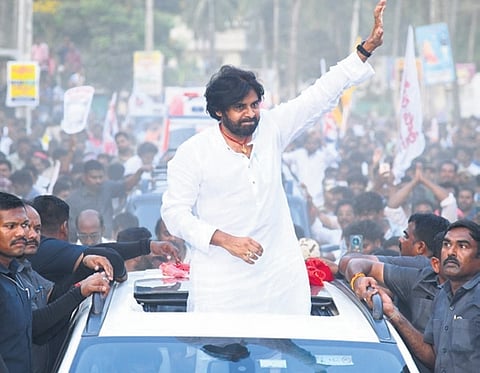 JSP chief Pawan Kalyan during a public meeting at Malikipuram