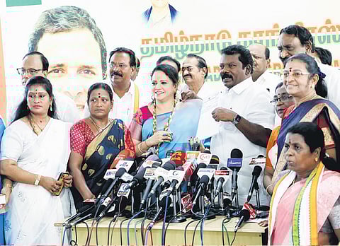 Selvaperunthagai and candidates of Congress at the press conference held after their meeting with Chief Minister MK Stalin on Thursday