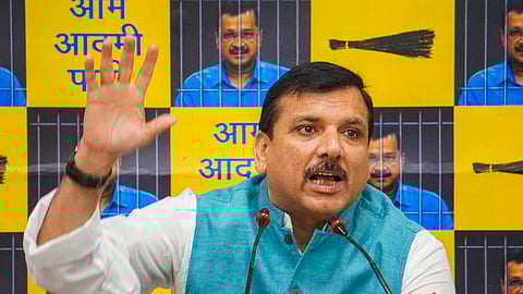 AAP leader Sanjay Singh addresses a press conference, in New Delhi, Friday