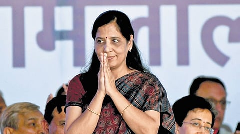 Sunita, Chief Minister Arvind Kejriwal’s wife, during the oppostion INDIA bloc rally in the national capital on March 31