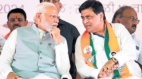 Prime Minister Narendra Modi with senior leader Ashok Chavan during an election campaign in support of NDA candidates in Maharashtra’s Nanded on Saturday.
