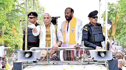 Defence Minister Rajnath Singh campaigning for NDA candidate B John Pandian in Rajapalayam on Monday