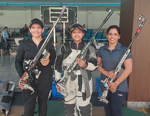 Rifle shooters Anjum Moudgil (L) & Sift Kaur Samra (C) will be part of the trials