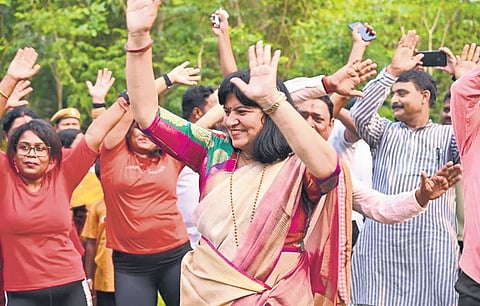 BJP MP and the party’s Bhubaneswar Lok Sabha candidate Aparajita Sarangi at a park in the state capital