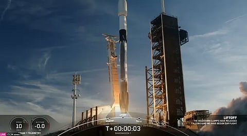 A SpaceX Falcon 9 rocket launches 11 satellites into orbit from NASA's Kennedy Space Center in Florida on April 7, 2024.