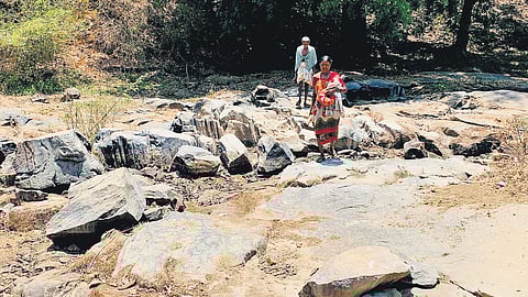 A Kattu Naicker family crossing a dried up stream at Chekadi in Thirunelli panchayat