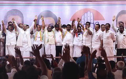 AICC President Mallikarjun Kharge along with leaders from INDIA alliance during an electoral campaign in Puducherry on Monday