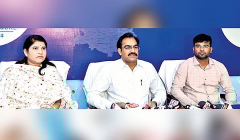 Guntur district Collector Venugopal Reddy along with Joint Collector Rajakumari addressing a press conference on Monday