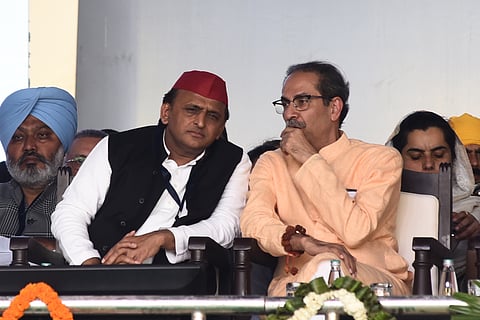 Samajwadi Party Chief Akhilesh Yadav and Shiv Sena (UBT) chief Uddhav Thackeray during I.N.D.I.A. blocs Loktantra Bachao Rally at Ramleela Maidan, in New Delhi.