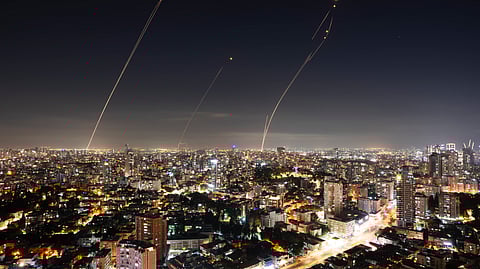 Israeli Iron Dome air defense system fires to intercept a rocket fired.