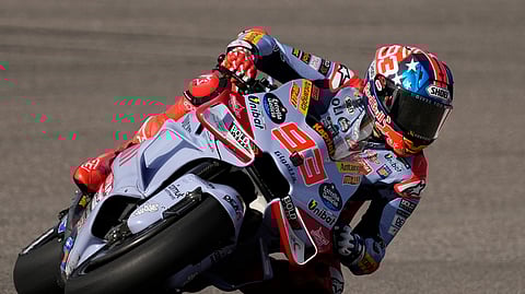 MotoGP rider Marc Marquez (93), of Spain, steers through a turn during a practice session for the MotoGP Grand Prix of the Americas motorcycle race at the Circuit of the Americas, Saturday, April 13, 2023, in Austin, Texas.