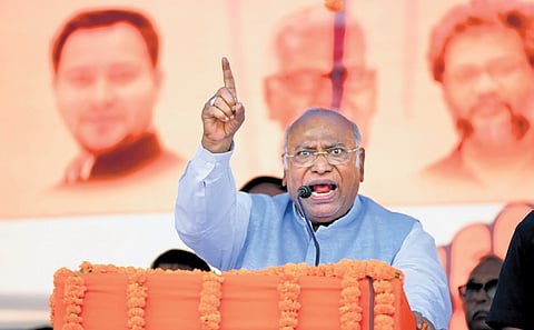 Congress president Mallikarjun Kharge speaks at a rally in Bihar’s Katihar.
