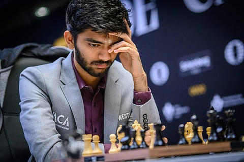 Grandmaster D. Gukesh of India during the Round 11 match against Grandmaster Fabiano Caruana of USA at the FIDE Candidates 2024 chess tournament, in Toronto, Canada