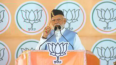 Prime Minister Narendra Modi addresses a public rally ahead of upcoming Lok Sabha elections, in Udham Singh Nagar district, Uttarakhand, Tuesday, April 2, 2024.