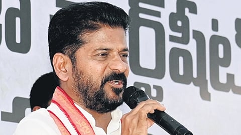 Chief Minister A Revanth Reddy speaks after releasing a chargesheet against the 10-year rule of BJP at Gandhi Bhavan in Hyderabad on Thursday