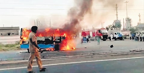 The van goes up in flames following the accident near Manali