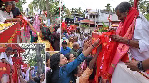 LDF candidate in Thiruvananthapuram, Pannian Raveendran, during his election campaign on Friday.