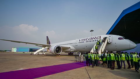 A Vistara Boeing 787-9 Dreamliner at the IGI airport in New Delhi