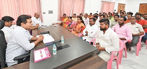 BRS working president
KT Rama Rao addresses a cluster-level party activists meeting in Sircilla on Monday