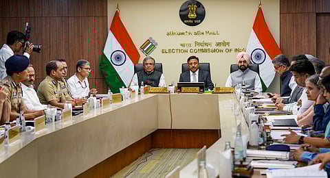 Chief Election Commissioner Rajiv Kumar with Election Commissioners Gyanesh Kumar and SS Sandhu during a meeting with Chief Secretaries, Director Generals of Police, MHA, MoD and heads of CAPF ahead of Lok Sabha polls, at Nirvachan Sadan, in New Delhi, Wednesday, April 3, 2024.