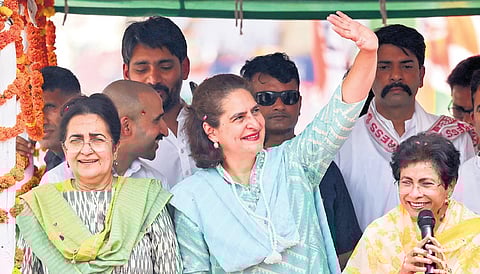Congress leader Priyanka Gandhi Vadra during a roadshow in support of party candidate Kumari Selja for LS elections in Sirsa, Haryana on Thursday.