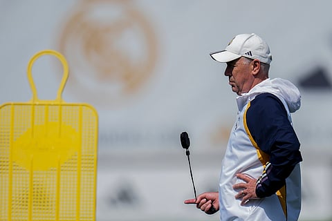 Real Madrid's head coach Carlo Ancelotti attends a training session during a Media Opening day in Madrid, Spain, Monday, May 27, 2024.