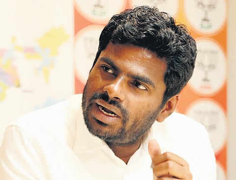 Tamil Nadu BJP state president K Annamalai gestures while speaking to a TNIE team at the state party office at Nampally in Hyderabad