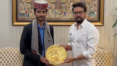 Union Sports Minister Anurag Thakur felicitates Indian chess grandmaster D Gukesh