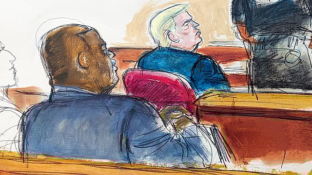 Manhattan District Attorney Alvin Bragg, left, and former President Donald Trump watch as the jury is polled after the verdict was read in Manhattan Criminal Court, Thursday, May 30, 2024, in New York.