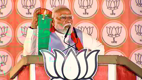 Prime Minister Narendra Modi addresses during a public meeting for Lok Sabha elections, in Barabanki, Uttar Pradesh.