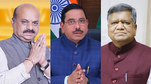 (L to R) A collage of senior Karnataka BJP leaders and Lok Sabha candidates Basavaraj Bommai, Pralhad Joshi and Jagadish Shettar.