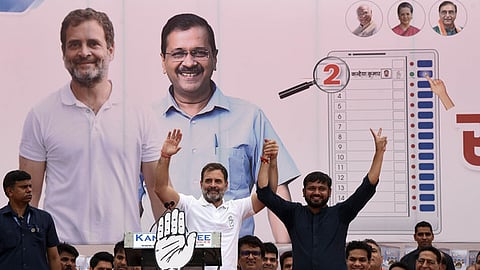 Congress leader and candidate from Rae Bareli constituency Rahul Gandhi with party leader and INDIA bloc candidate from North East Delhi constituency.