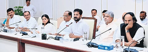 Chief Minister A Revanth Reddy chairs the meeting on state anthem on Thursday